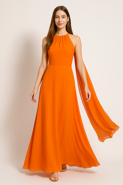 Robe Orange Fluide Avec Cape.