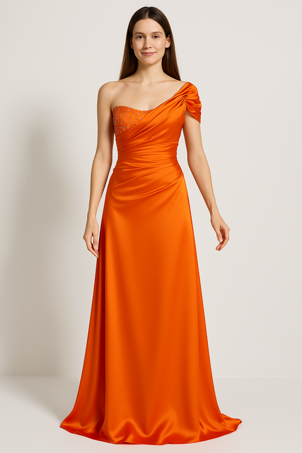 Robe Orange Élégante À Strass