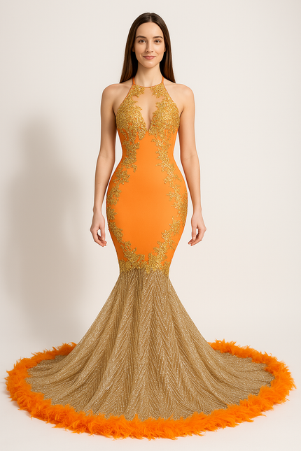 Robe Orange Glamour À Traîne.