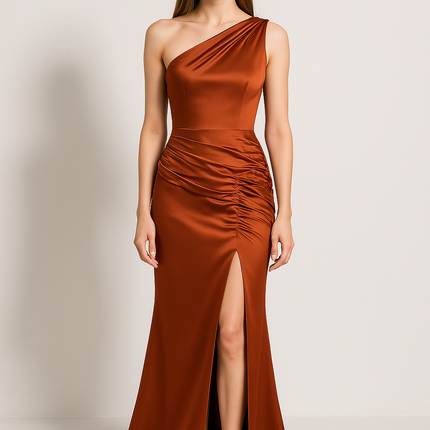 Robe Satinée Orange Chic Fendue