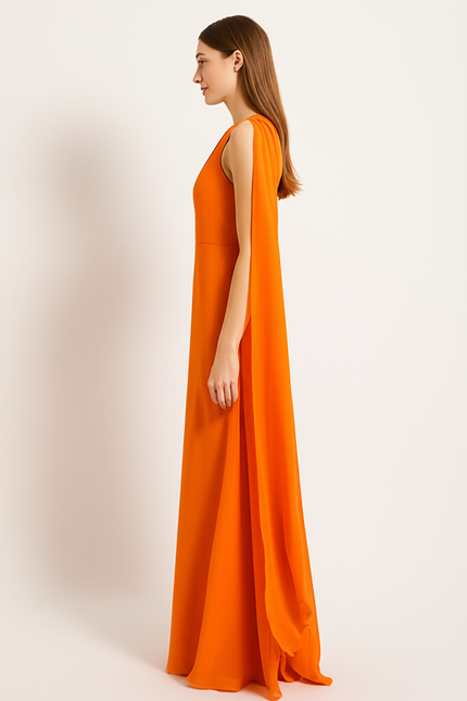 Robe Orange Fluide Avec Cape. - gallery 2