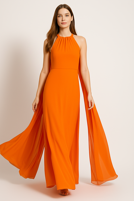 Robe Orange Fluide Avec Cape. - gallery 4
