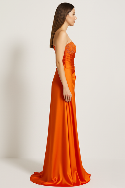 Robe Orange Élégante À Strass - gallery 2