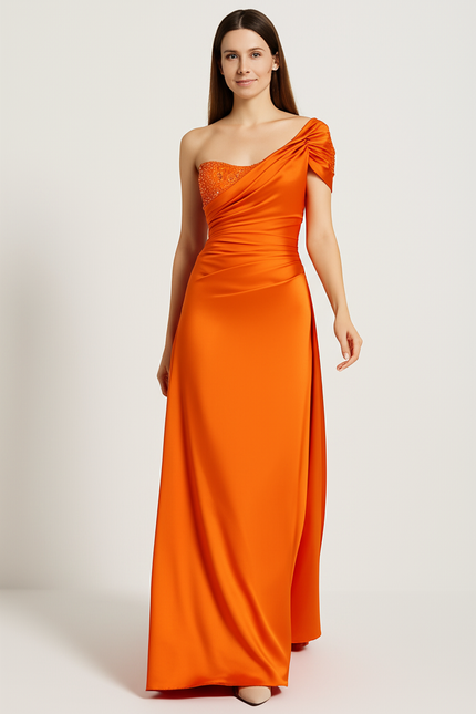 Robe Orange Élégante À Strass - gallery 4