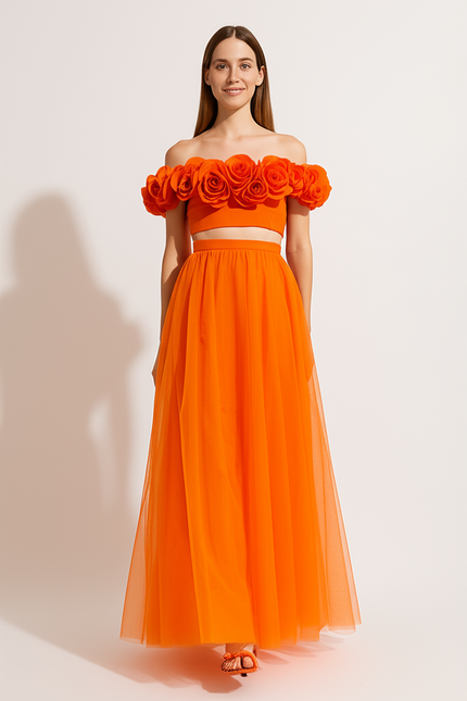 Robe Orange À Fleurs Volantes - gallery 4