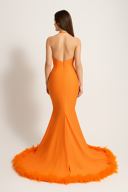 Robe Orange Glamour À Traîne. - gallery 1