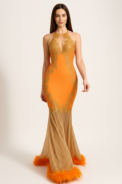 Robe Orange Glamour À Traîne. - gallery 4