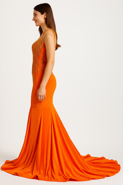 Robe Orange Élégante À Traîne. - gallery 2