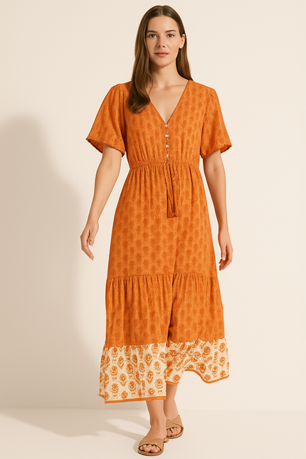Robe Longue Orange Fleurie - gallery 4