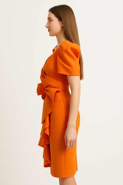 Robe Orange Chic Élégante Volants - gallery 2
