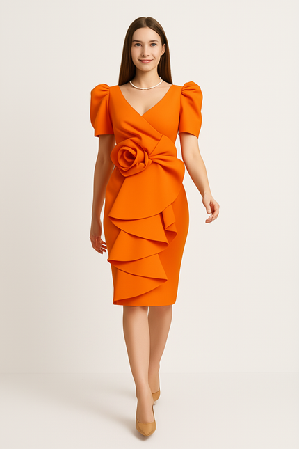 Robe Orange Chic Élégante Volants - gallery 4