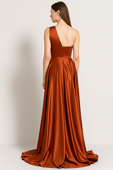 Robe Satinée Orange Chic Fendue - gallery 1