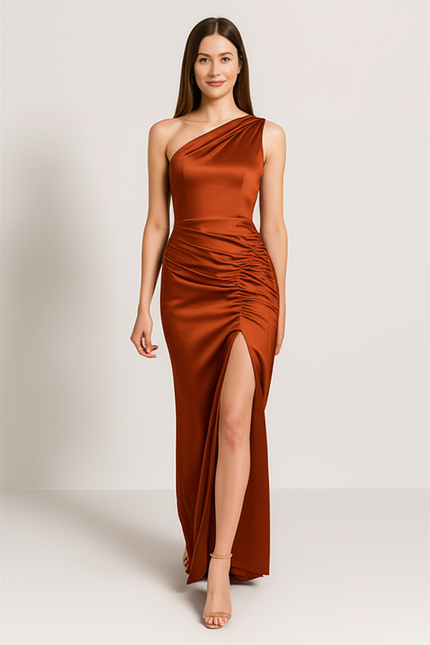 Robe Satinée Orange Chic Fendue - gallery 4