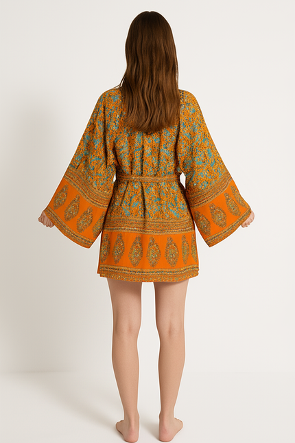 Robe Courte Orange À Motifs Floraux - gallery 1