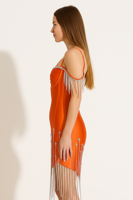 Robe Orange Chic À Strass - gallery 2