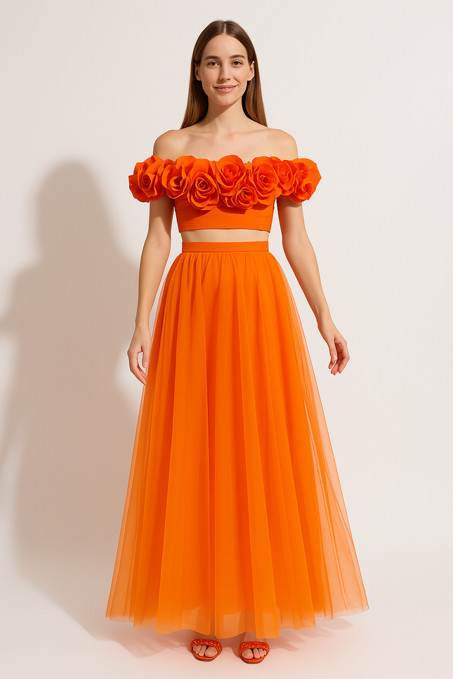 Robe Orange À Fleurs Volantes