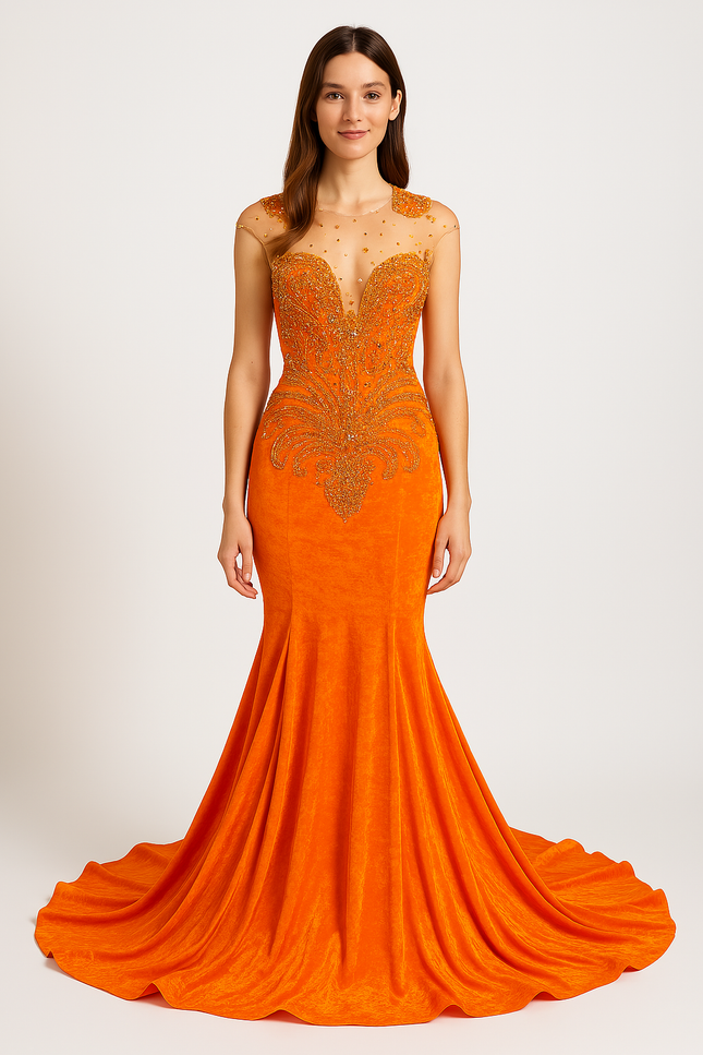 Robe Orange Élégante À Traîne.
