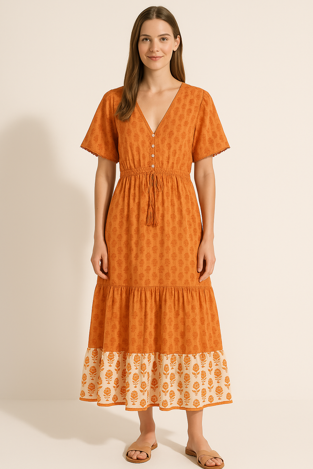Robe Longue Orange Fleurie