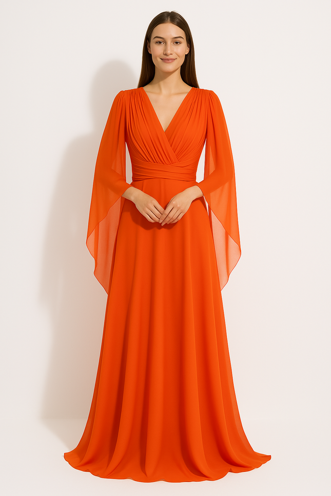 Robe Orange Fluide Élégante Manches.