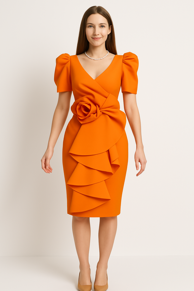 Robe Orange Chic Élégante Volants