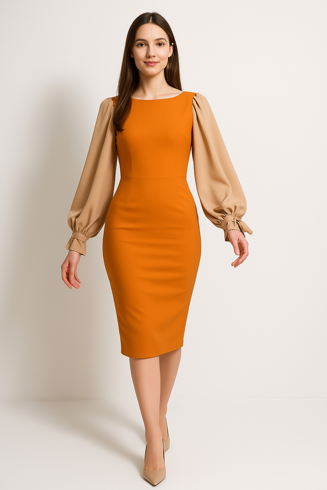 Robe Orange Chic Élégante Manches Bouffantes