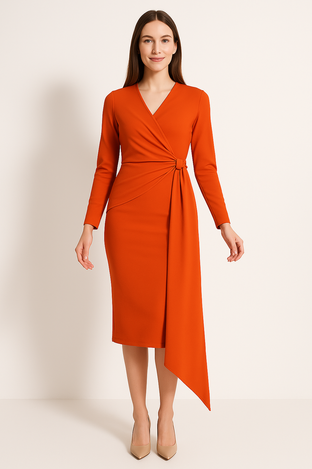 Robe Orange Fluide Élégante Manches.