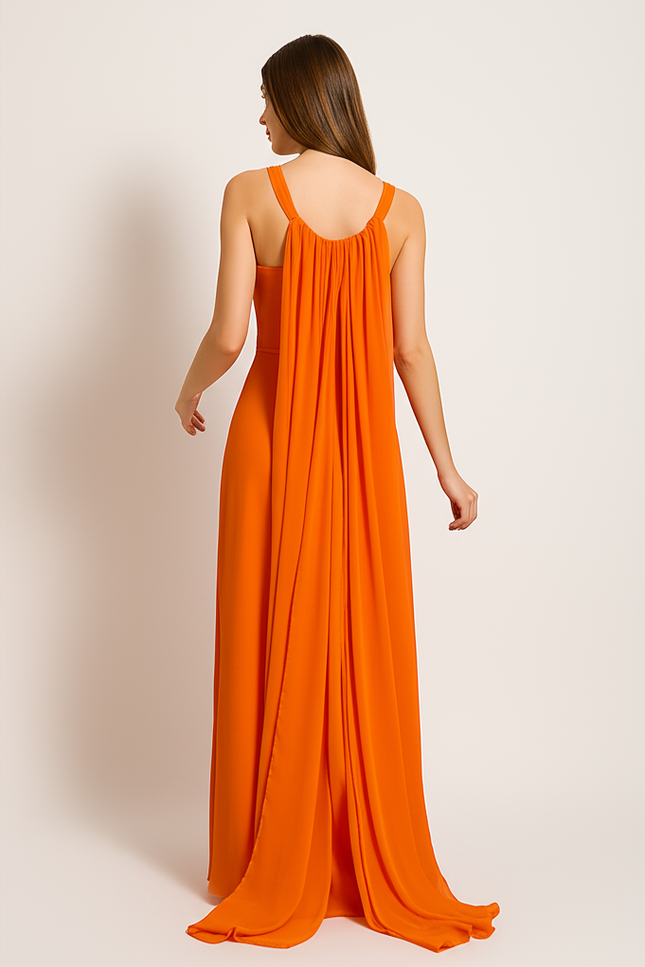 Robe Orange Fluide Avec Cape. - gallery 1