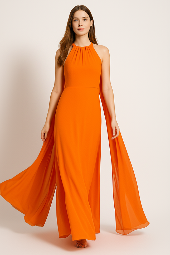 Robe Orange Fluide Avec Cape. - gallery 4