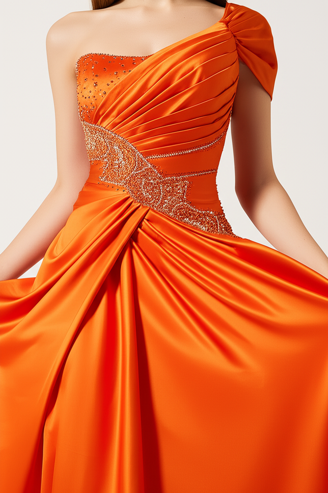 Robe Orange Élégante À Strass - gallery 3