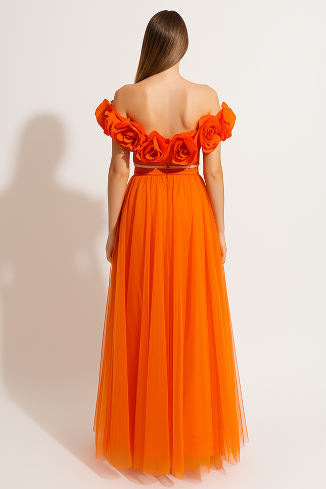 Robe Orange À Fleurs Volantes - gallery 1