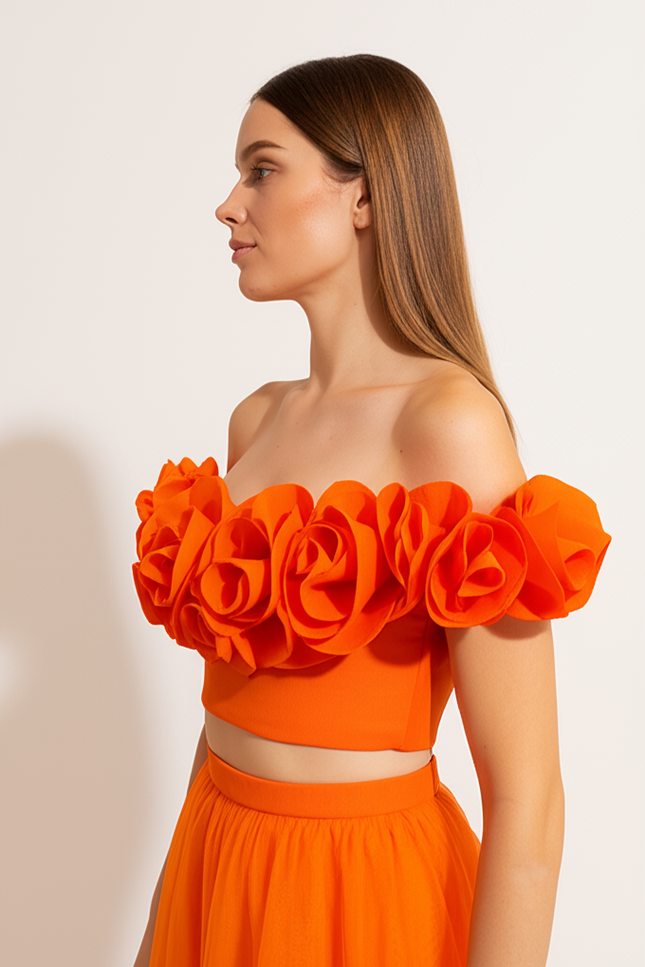 Robe Orange À Fleurs Volantes - gallery 2