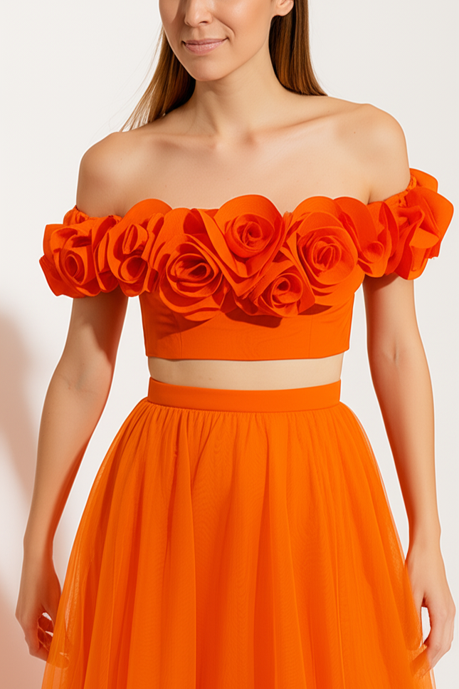 Robe Orange À Fleurs Volantes - gallery 3