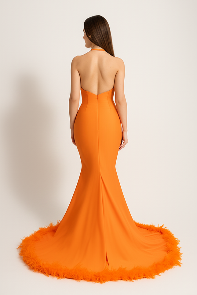 Robe Orange Glamour À Traîne. - gallery 1