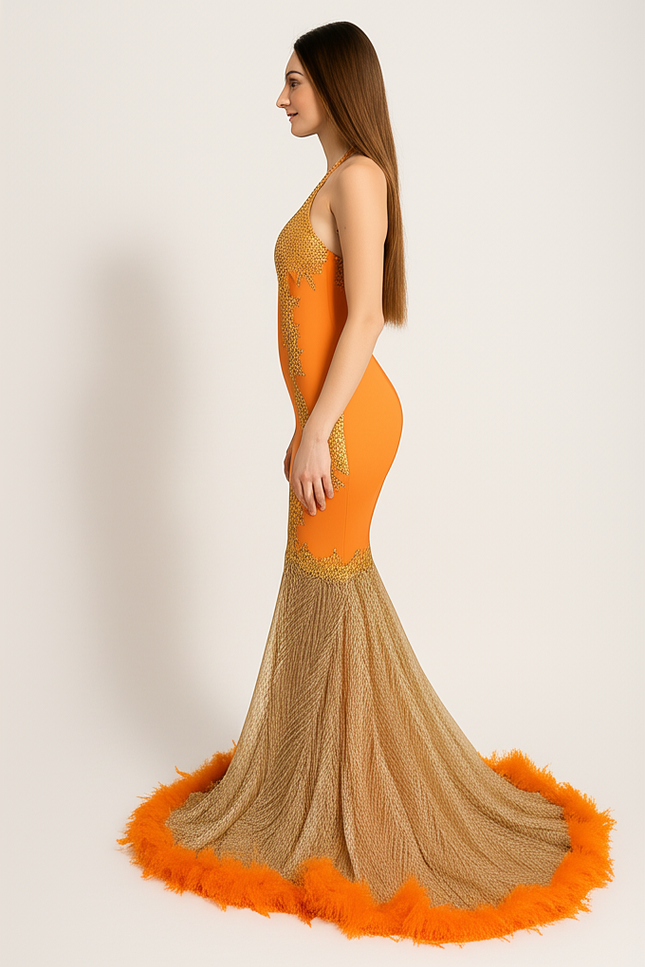 Robe Orange Glamour À Traîne. - gallery 2