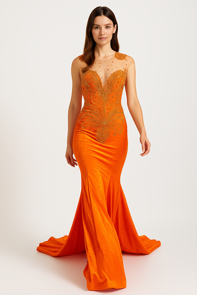 Robe Orange Élégante À Traîne. - gallery 4