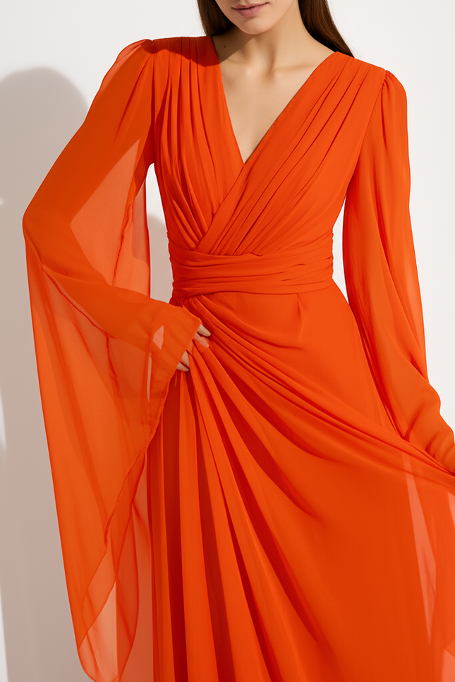 Robe Orange Fluide Élégante Manches. - gallery 3