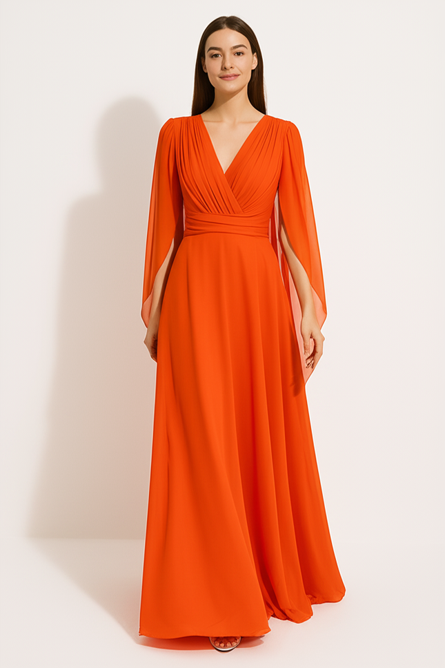 Robe Orange Fluide Élégante Manches. - gallery 4