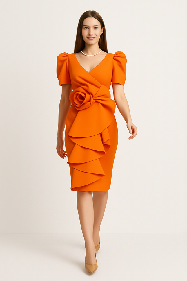 Robe Orange Chic Élégante Volants - gallery 4