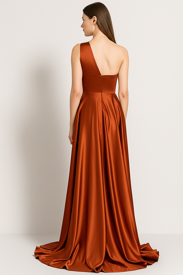 Robe Satinée Orange Chic Fendue - gallery 1
