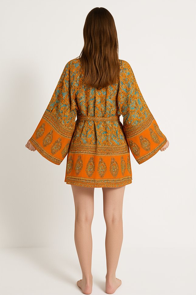 Robe Courte Orange À Motifs Floraux - gallery 1