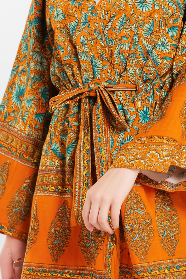 Robe Courte Orange À Motifs Floraux - gallery 3