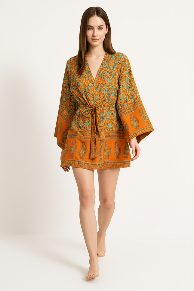 Robe Courte Orange À Motifs Floraux - gallery 4