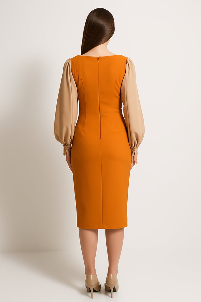 Robe Orange Chic Élégante Manches Bouffantes - gallery 1
