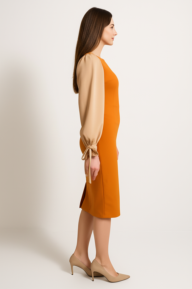 Robe Orange Chic Élégante Manches Bouffantes - gallery 2