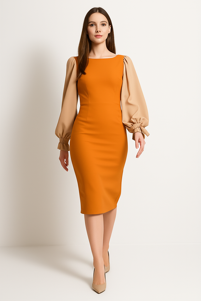 Robe Orange Chic Élégante Manches Bouffantes - gallery 4