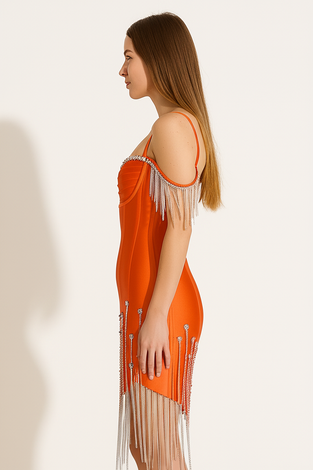 Robe Orange Chic À Strass - gallery 2
