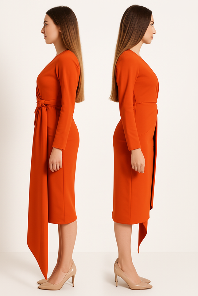 Robe Orange Fluide Élégante Manches. - gallery 2
