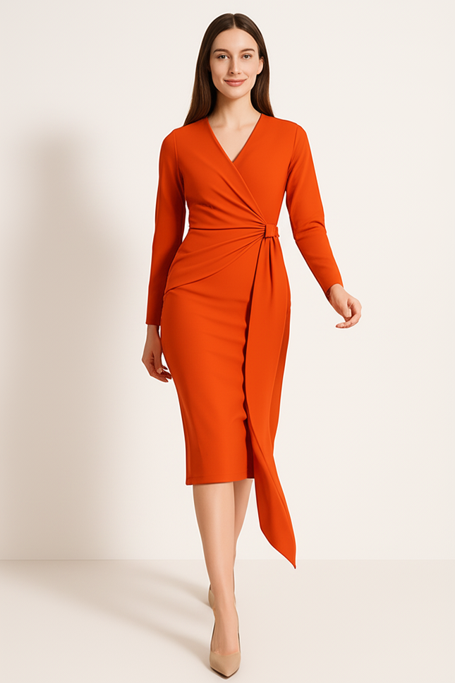 Robe Orange Fluide Élégante Manches. - gallery 4