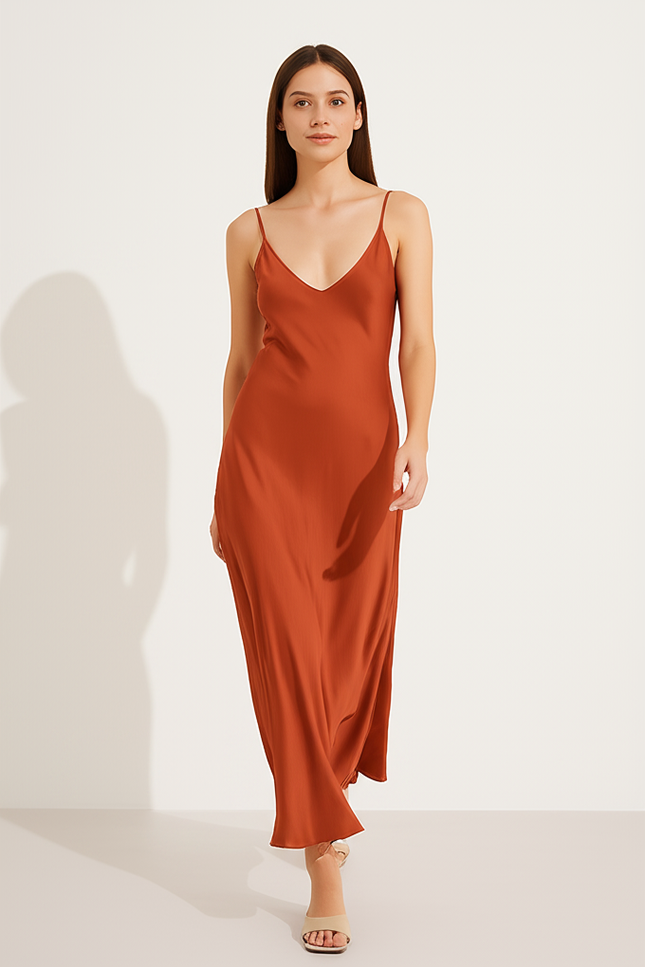 Robe Orange Satinée Longue - gallery 4